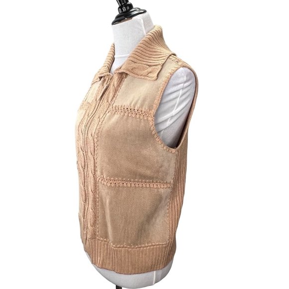 Designers Studio Originals Leather Knit Sweater Vest Zip Front M Tan Boho Hippie - Picture 2 of 5